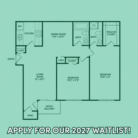 Floor plan for 2 beds, 2 baths, 1000 sqft
